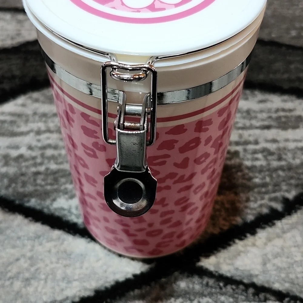 PINK LEOPARD PRINT AIRTIGHT PLASTIC DOG TREAT CONTAINER